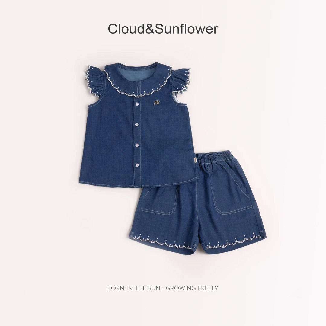 【云朵小葵】女童夏季时尚翻领飞袖五粒扣休闲短袖短裤套装1113932