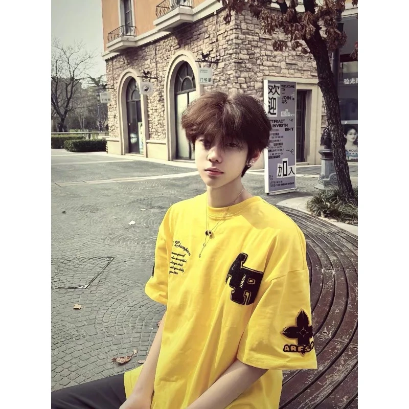 美式重工刺绣设计短袖男夏季潮牌宽松情侣T恤cleanfit穿搭五分袖