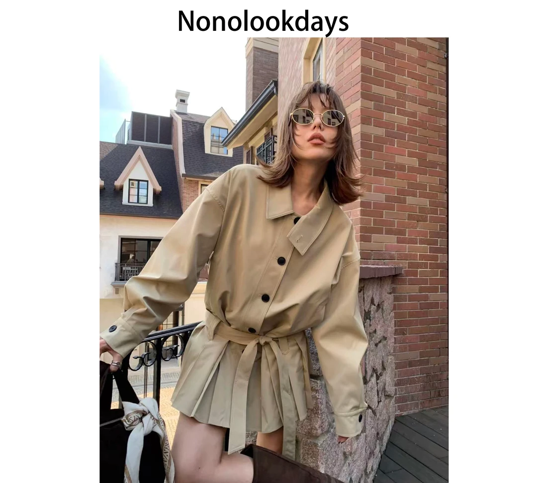 【Nono】25早秋设计师百褶裙摆风衣系带廓形外套