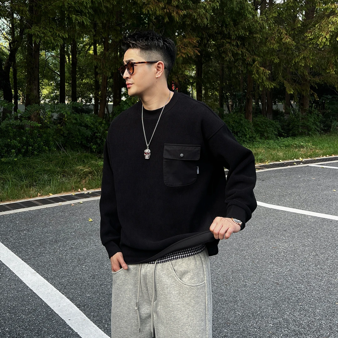 XDZZ二狗25ss秋冬季男士重磅华夫格上衣定制加绒打底卫衣 Y7329