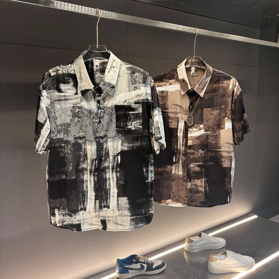 新款男潮流高级感微宽松爆款扎染短袖衬衫单件新款