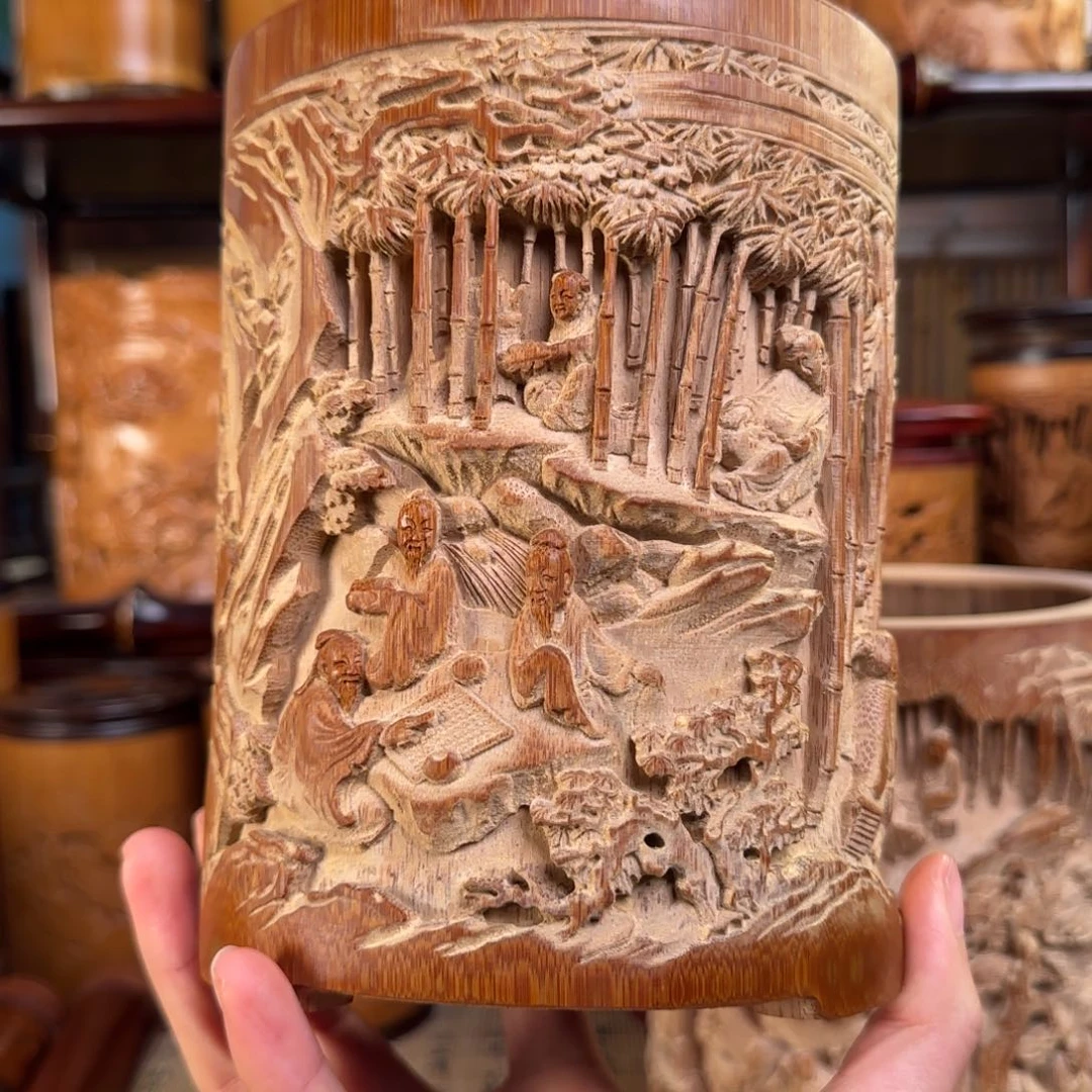 竹手工竹雕竹林七贤笔筒