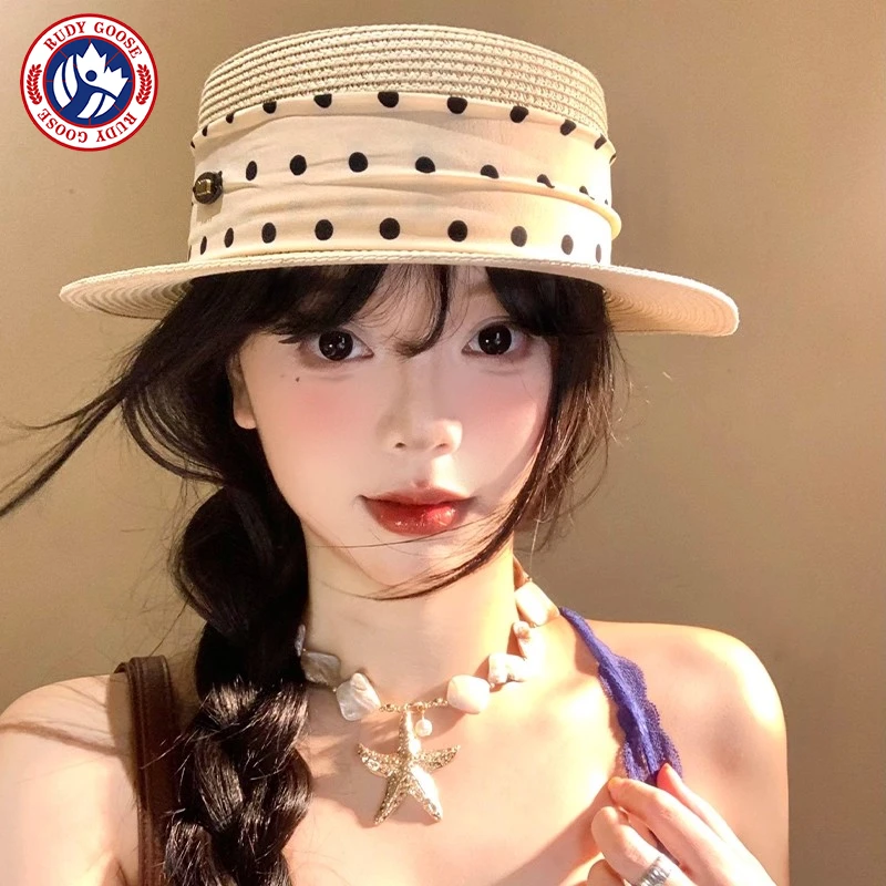 RUDY GOOSE法式复古波点平顶草帽女夏季度假风遮阳防晒太阳草编帽