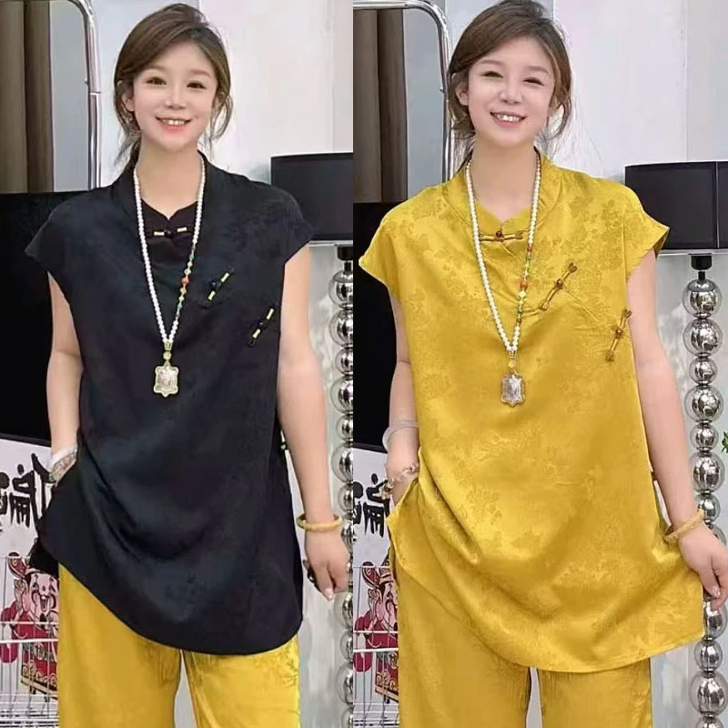 大聪新中式国风复古扣旗袍领开叉古风古韵打底衫上衣200斤9235