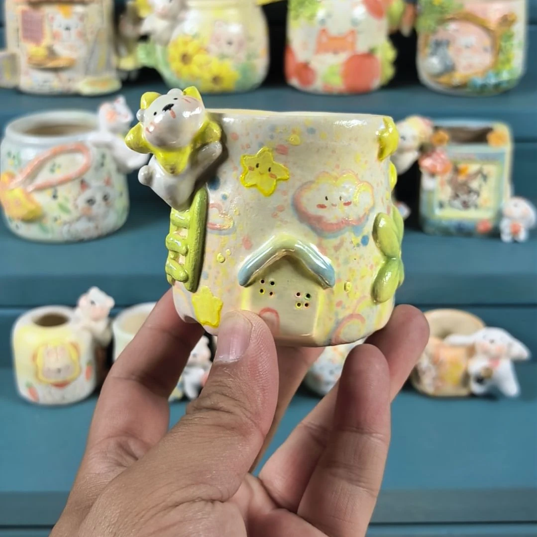 风吹彩云 手绘立体多肉花盆