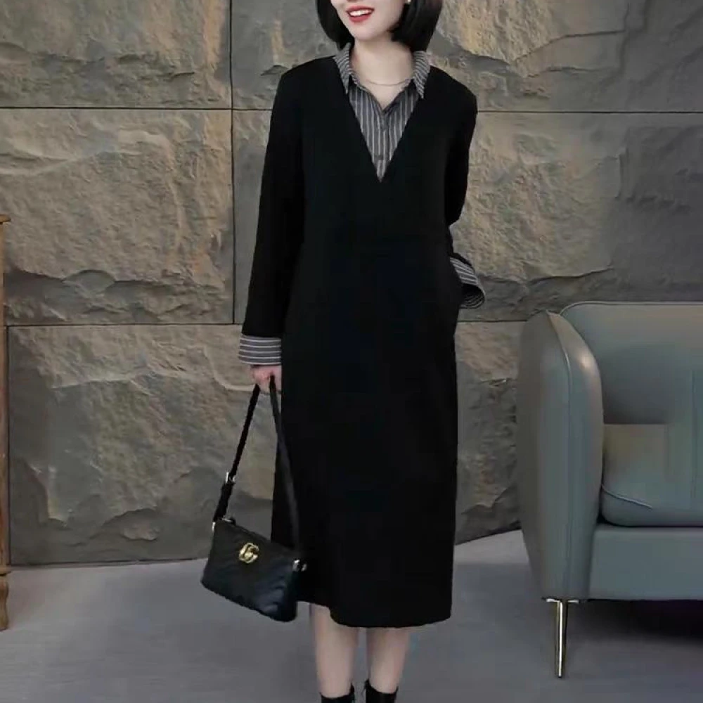 条纹拼接假两件百搭宽松中长款裙子2025秋季新品直筒黑色连衣裙女