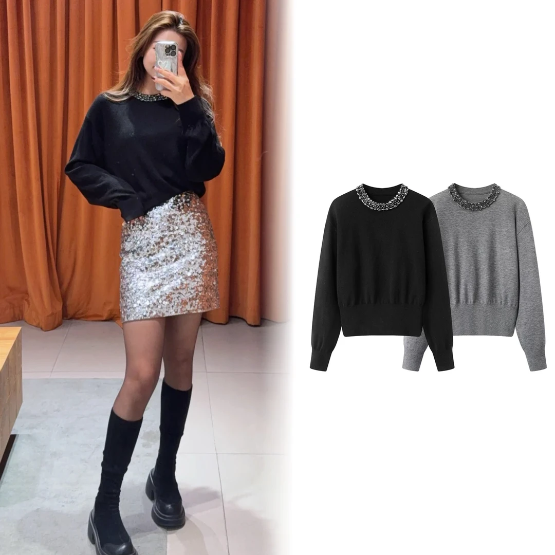 【1261】2025春季新款重工钉钻圆领套头针织衫上衣女
