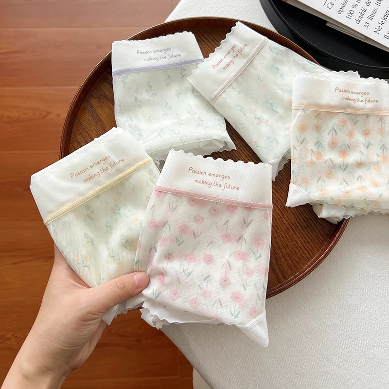 开花内裤女款蕾丝边网纱女生纯欲冰丝薄款性感舒适女士三角裤头夏