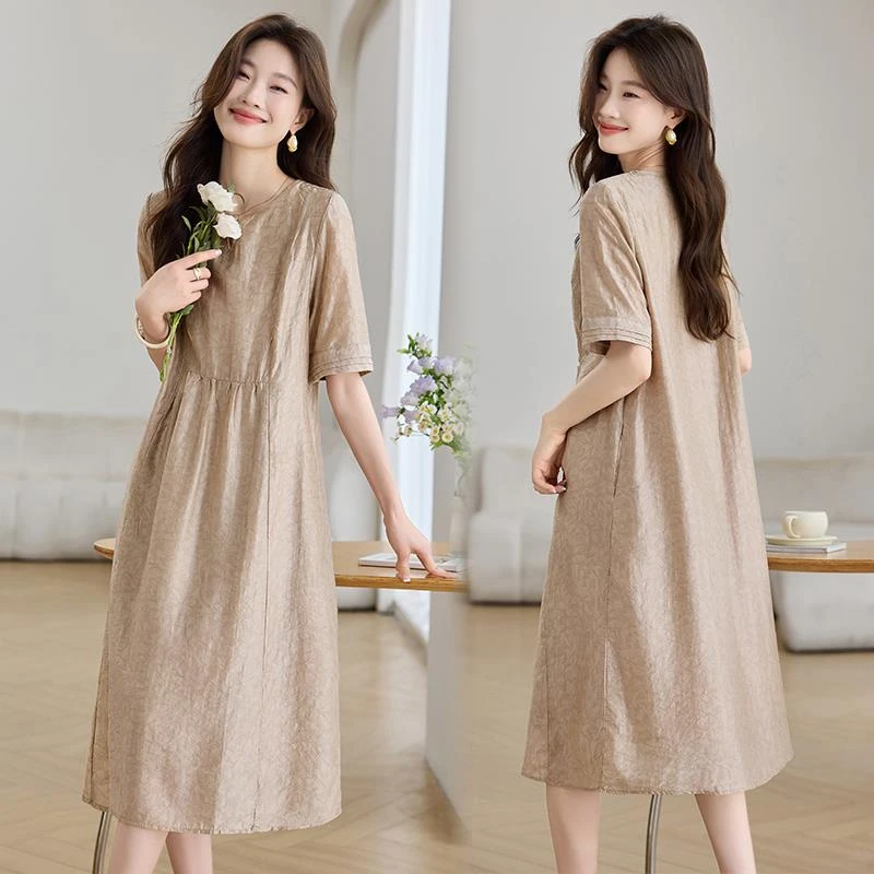 DUCURNO高级感纯色连衣裙女2025夏季新款宽松休闲显瘦减龄中长裙