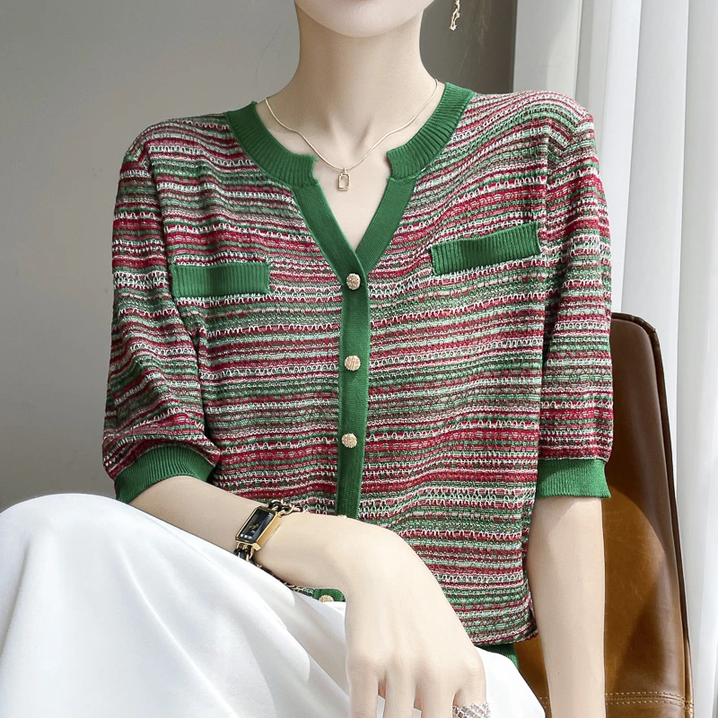 哥弟阿玛施官方夏季薄款时尚拼色V领假开衫女短袖针织T恤宽松上衣