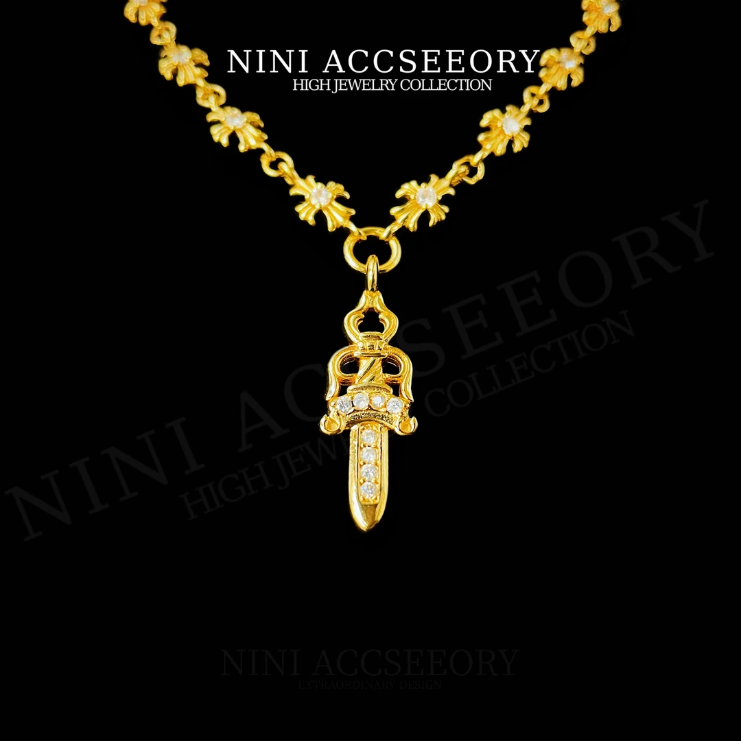 『曼哈顿圣剑』精工嘻哈满十字架项链时尚精致金色宝剑毛衣链60CM