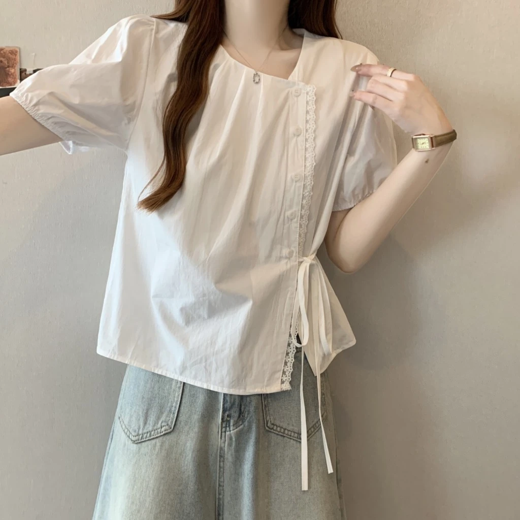 大码不规则泡泡袖短袖衬衫女夏季胖mm宽松遮肉设计感系带正肩上衣