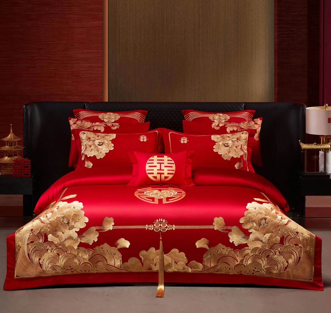 合格秋季以上大红色床品套件大红色被套床单床品婚床四件套