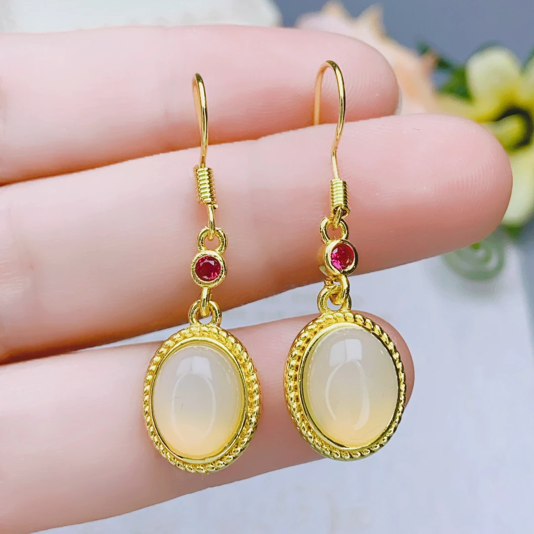 正品玛瑙白冰玉髓椭圆耳饰简约气质款复古搭配汉服旗袍女款F838