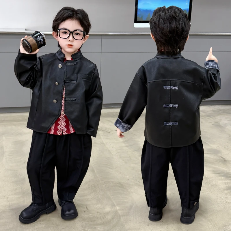 童装中式潮唐装男童春季皮衣外套春秋儿童皮夹克宝宝痞帅洋气黑色