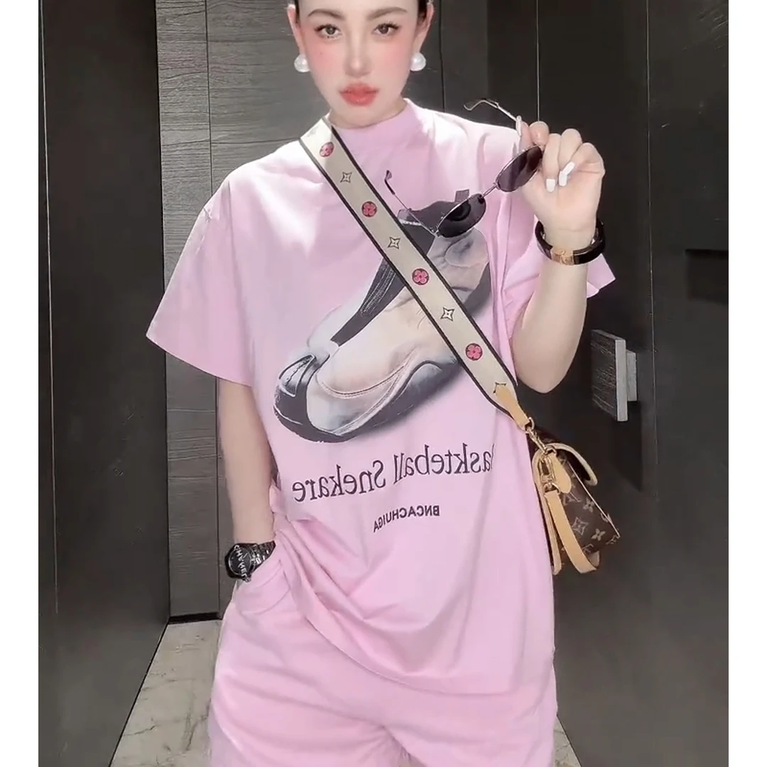 2025夏季新款时尚韩版休闲百搭减龄短袖小衫高级感印花上衣宽松潮