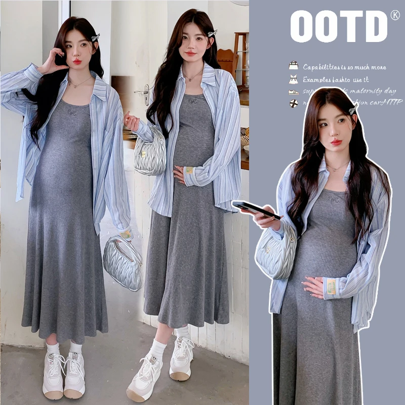 孕妇连衣裙春秋款2025新款时尚法式宽松遮肚吊带裙洋气秋装两件套