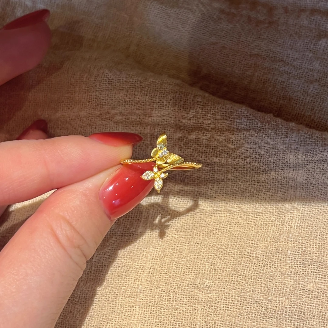 铜合金戒指 中古金色爆闪双蝴蝶戒指复古小众设计个性开口指环女
