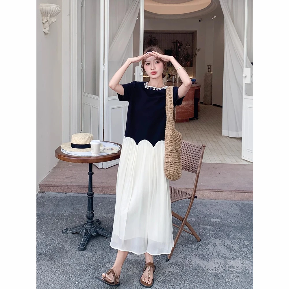 韩版时尚度假风不规则拼接连衣夏季2025新款A字裙显瘦长款长裙