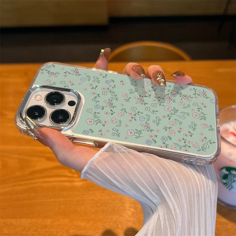 绿色小碎花适用苹果16/15手机壳iPhone13/12透明电镀XS/XR软壳11/