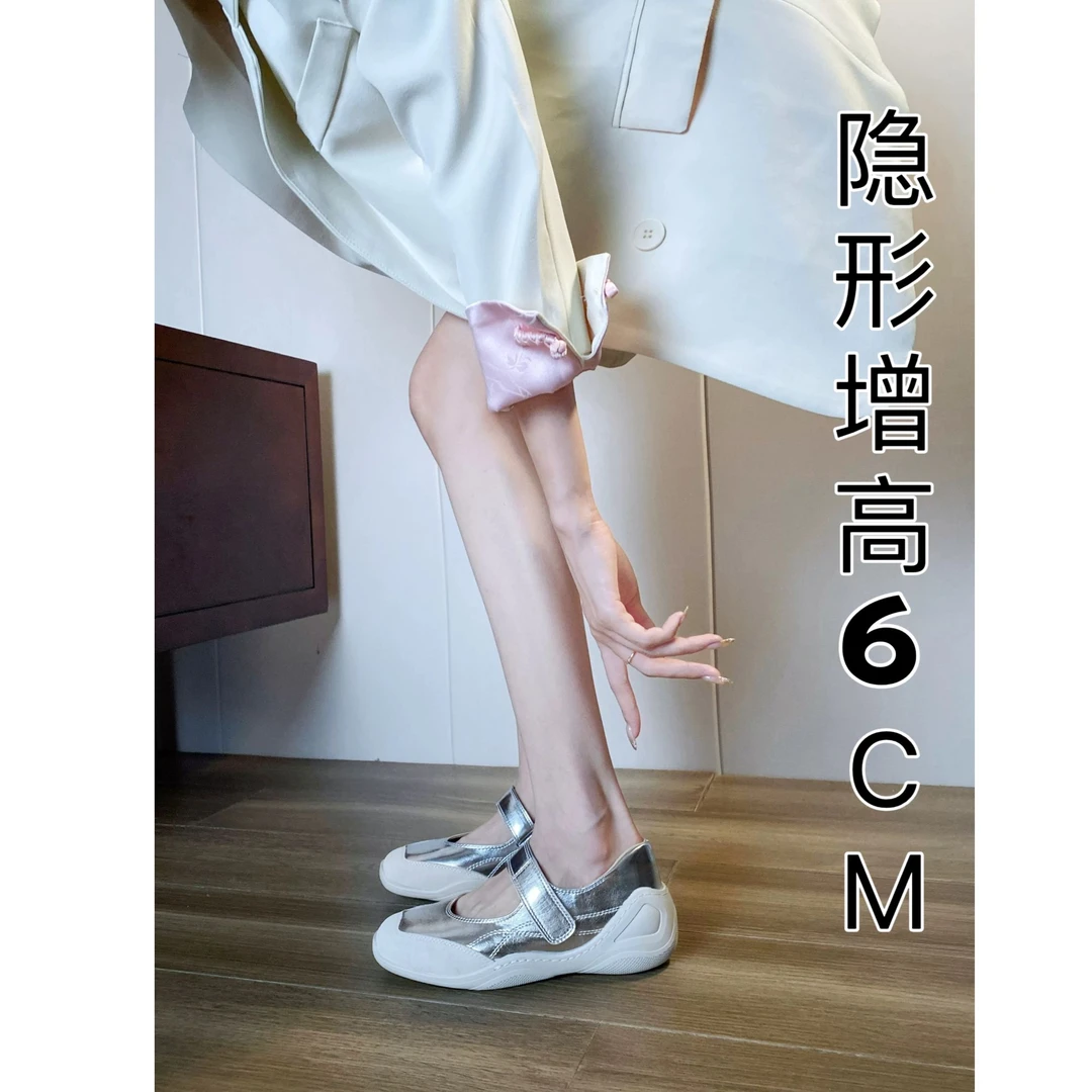 内增高6cm银色2025夏新款法式玛丽珍女鞋厚底软底休闲百搭芭蕾风