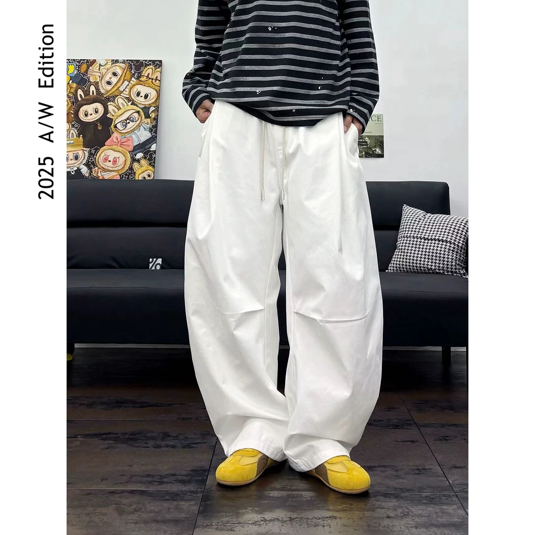 ARUI 2025 A/W (冬季加绒）100棉纯色宽松阔腿弯刀直筒休闲裤