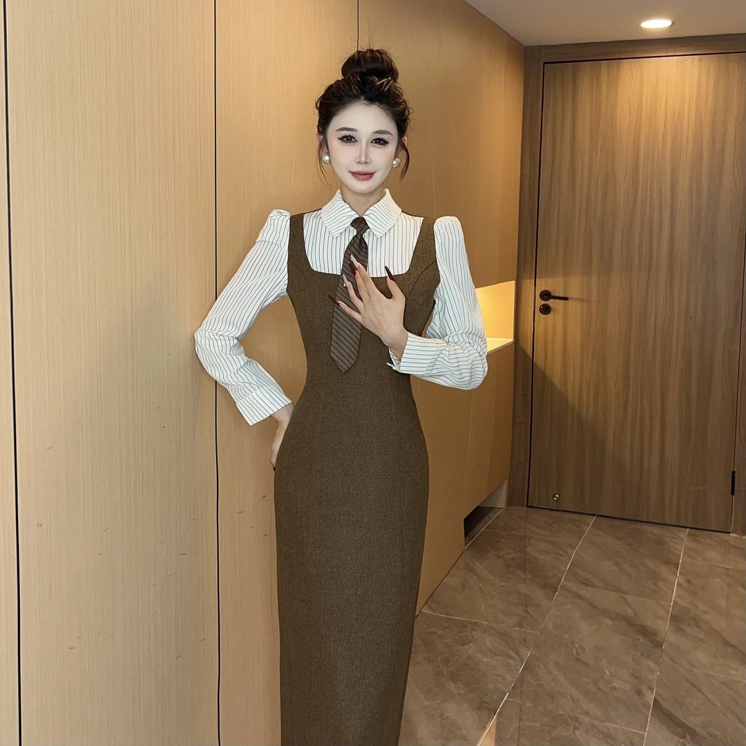 【MD原创·宵夜】2024新款显瘦气质时尚百搭拼接复古条纹连衣裙