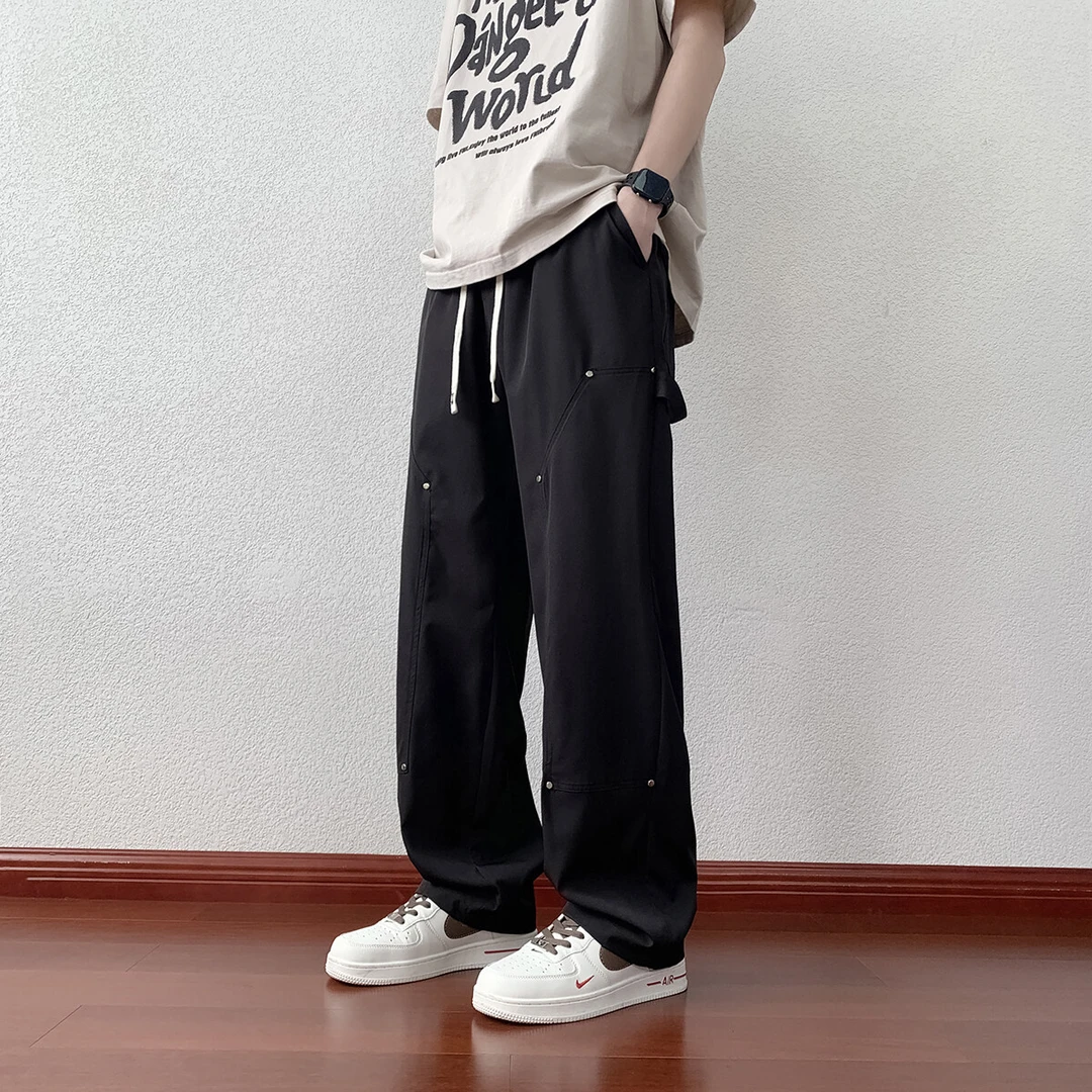 隐匿者垂感直筒休闲裤子男2025夏季新款高街百搭美式抽绳铆钉长裤