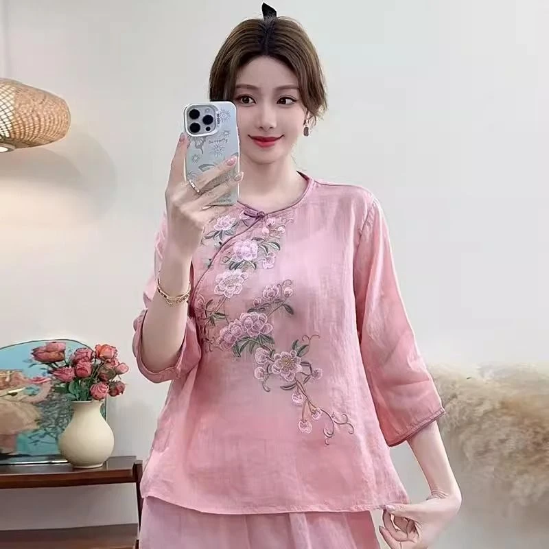 国风夏季新款棉麻复古斜襟中式衬衫文艺盘扣茶服刺绣七分宽松上衣
