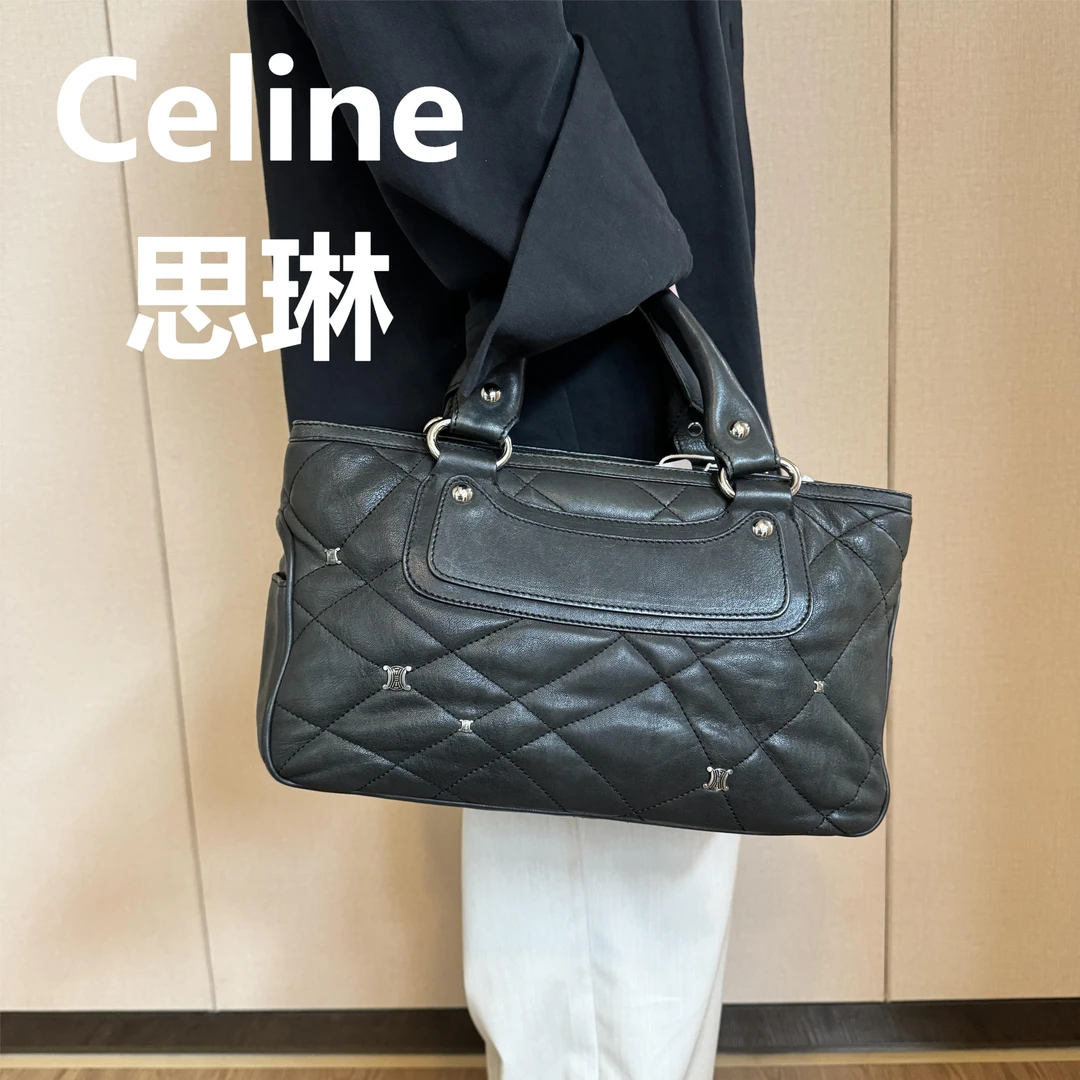 95新 Celine/思琳 BOOGIE黑色帆布凯旋门提花手提包/55066