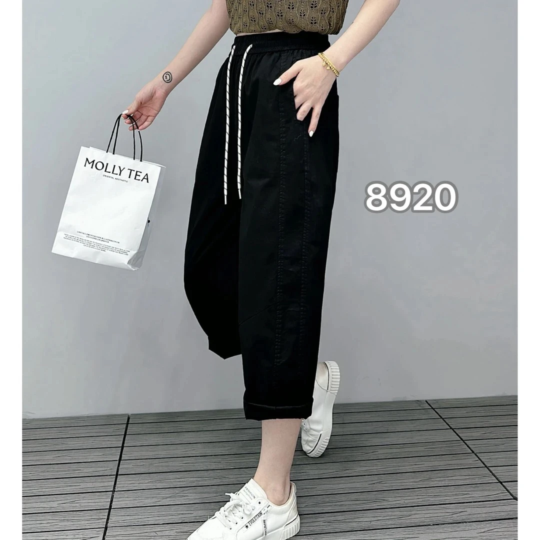 小施家时尚拼接舒爽松紧腰高弹八分休闲裤8920