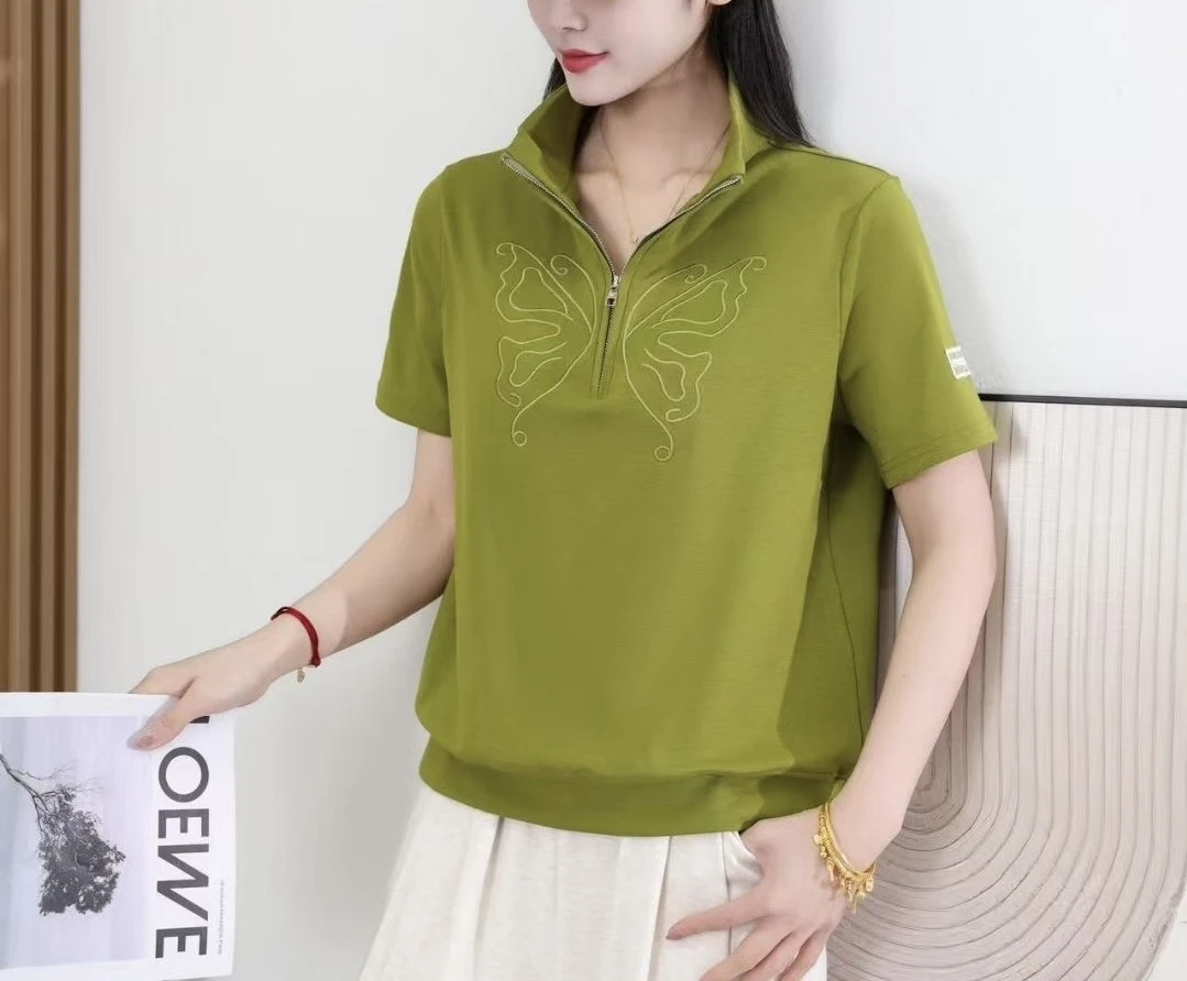 夏季新款时尚Polo领洋气休闲减龄弹力妈妈装短袖上衣1096款