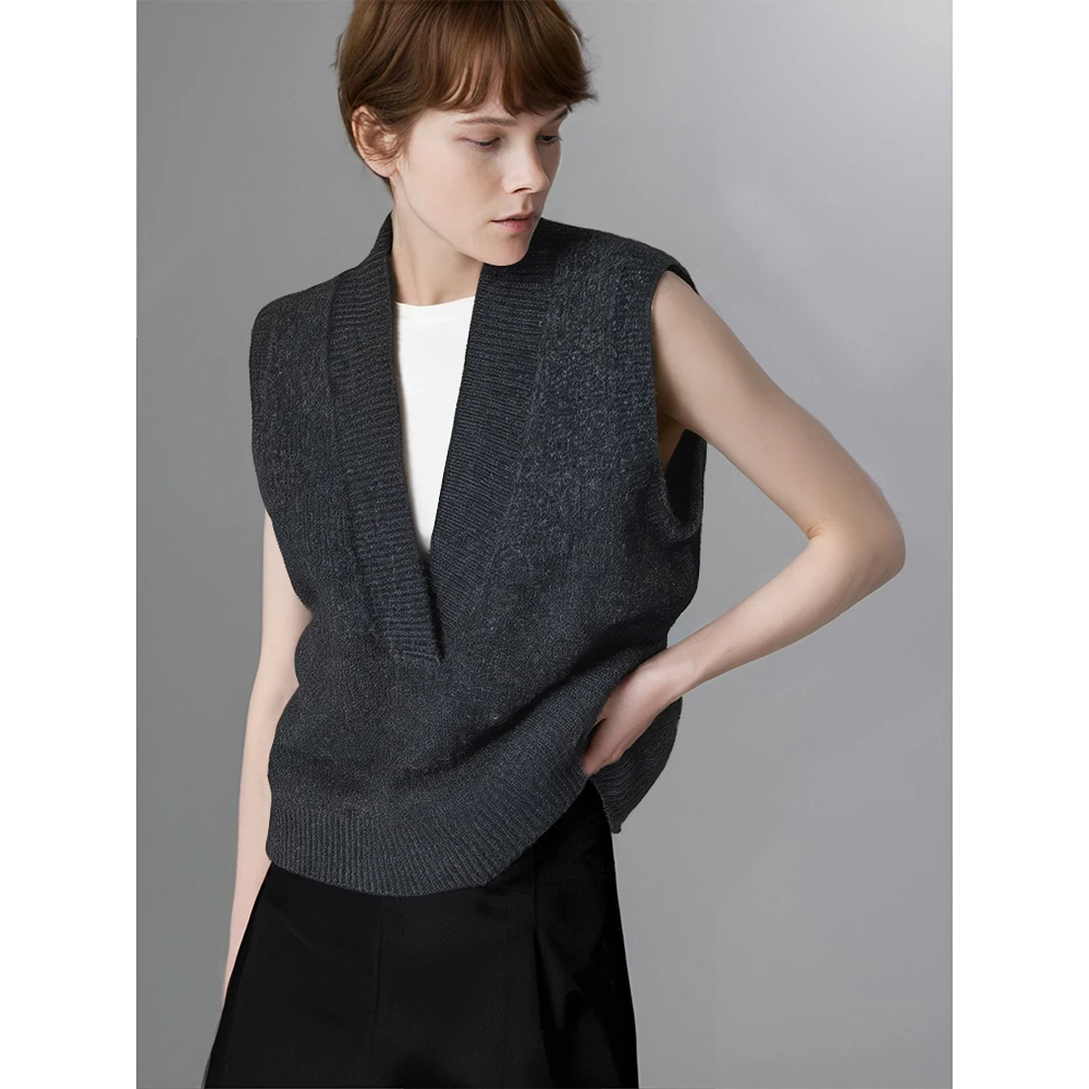 高级感灰色V领针织毛衣马甲背心女春秋叠穿坎肩无袖短款马夹上衣