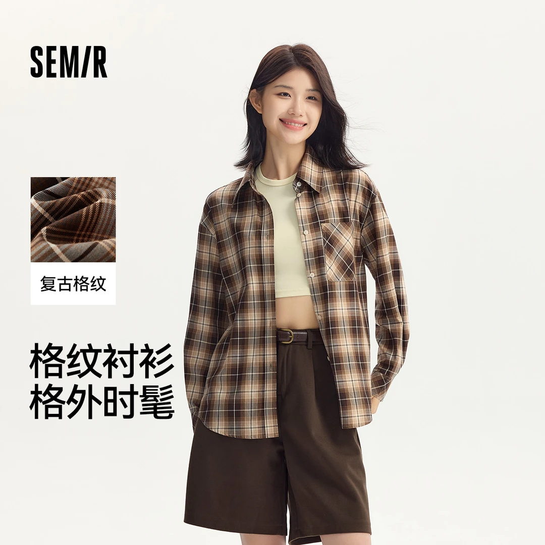 森马长袖衬衫女中长款慵懒宽松落肩休闲chic复古格纹衬衣潮流