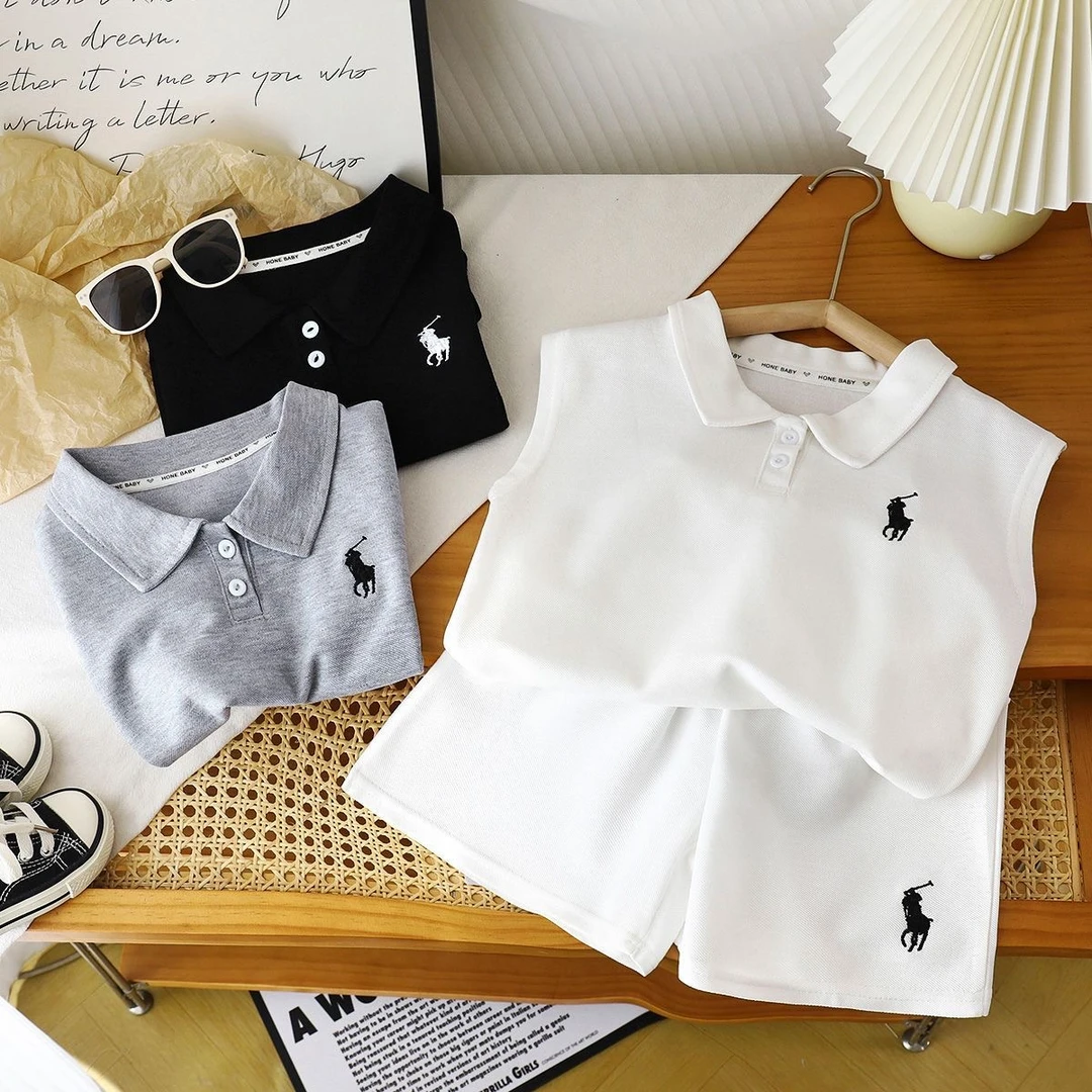 儿童无袖套装2025新款男童纯色POLO衫洋气背心短裤两件套薄款透气