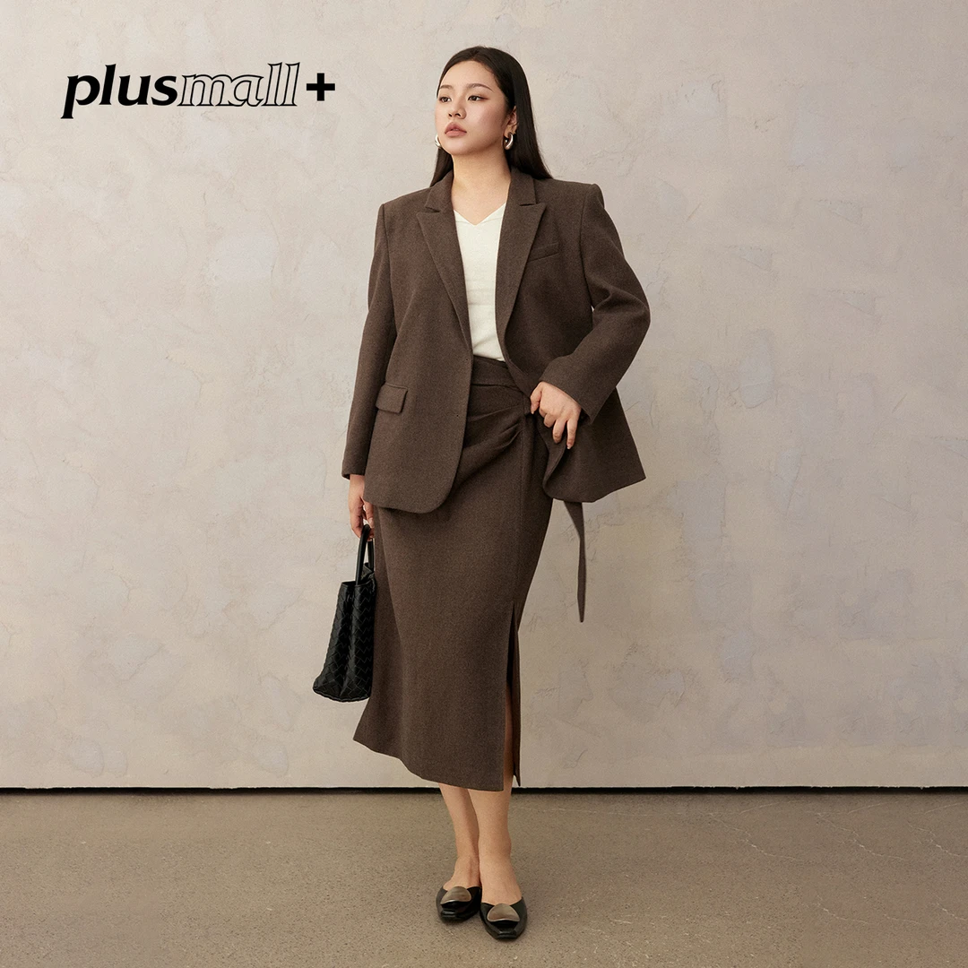 PLUSMALL 荒野琥珀 高阶时髦西装外套/半裙两件套套装PM2509126AB