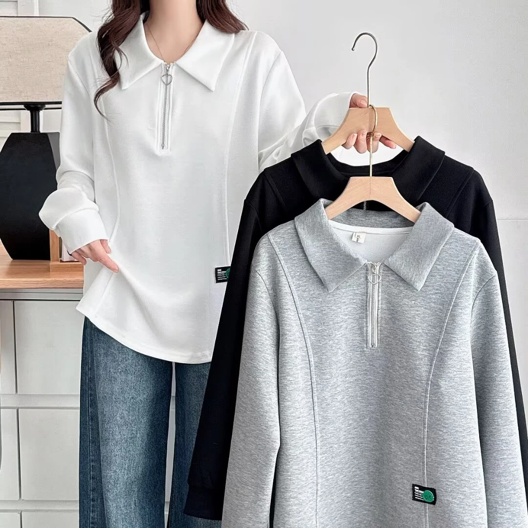 美格加110-200大码女春款半拉链翻领长袖洋气设计款显瘦休闲百搭