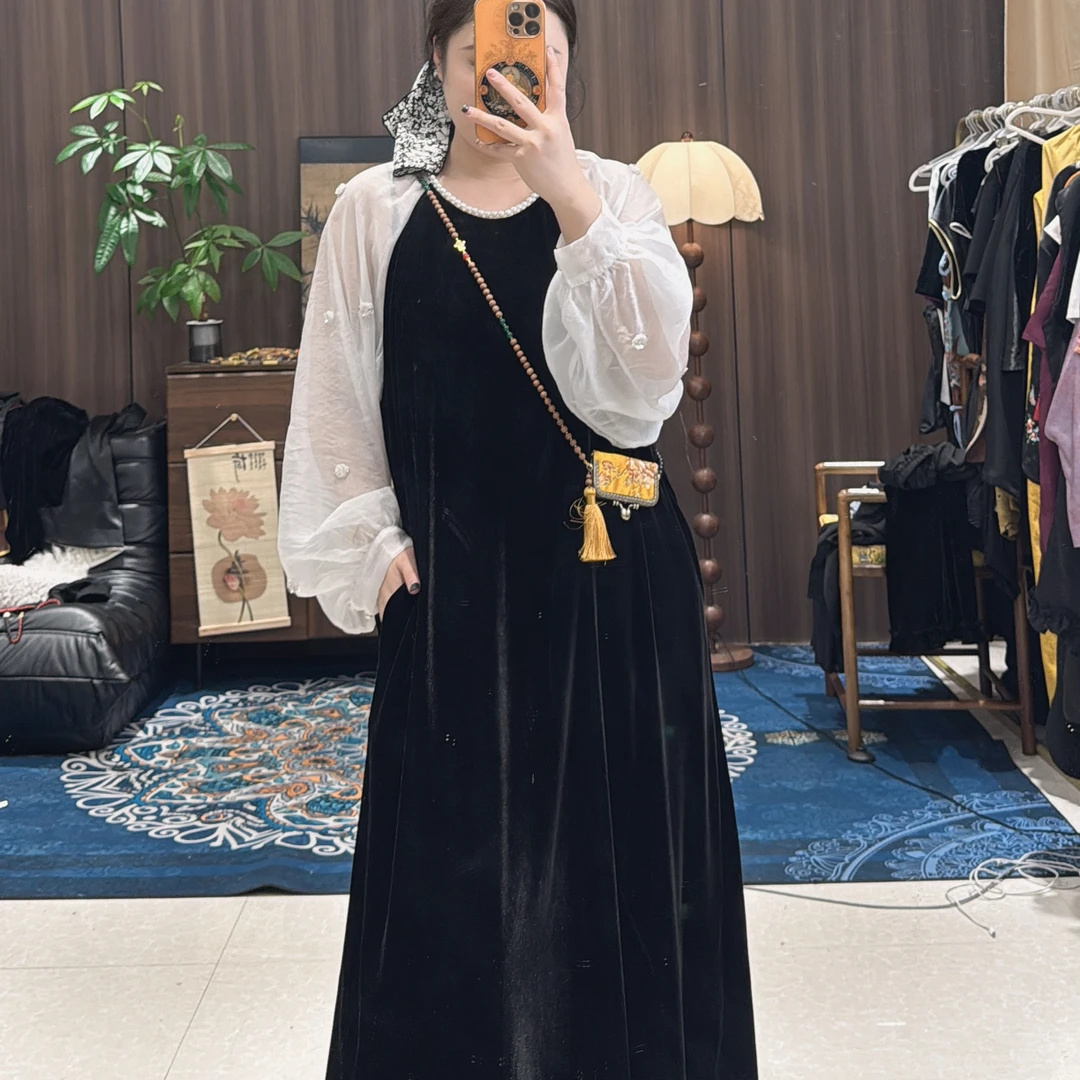 7096仙仙丝绒拼接蕾丝长裙