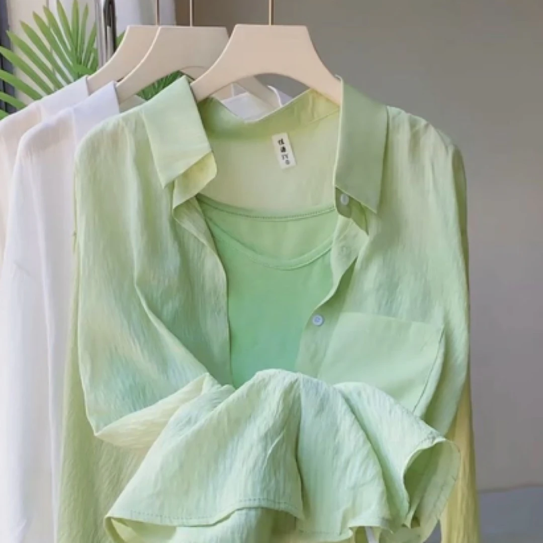 防晒超值两件套纯色翻领单排长袖中长款夏季衬衫新款薄款宽松吊带