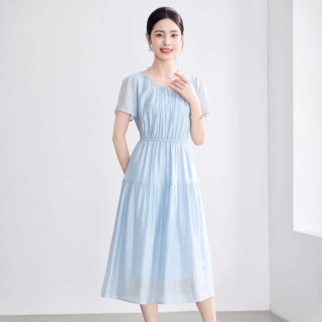 夏季新款气质优雅小清新圆领显瘦短袖中长法式连衣裙60300