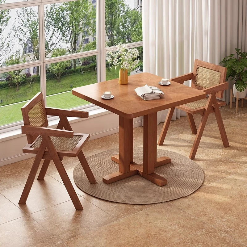 实木腿阳台休闲桌椅组合藤椅休闲茶几方桌三件套简约北欧庭院桌椅