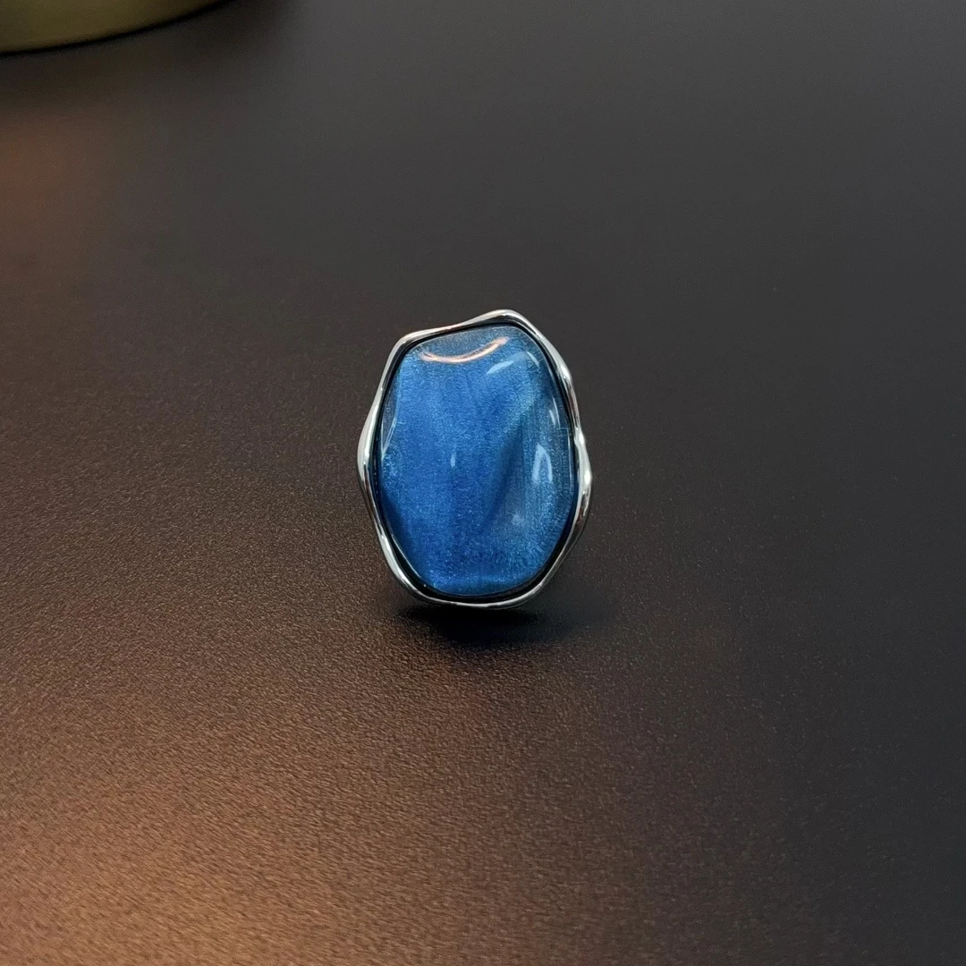 铜合金琉璃戒指 小众蓝色大戒指开口可调节复古风指环RICuc 0449