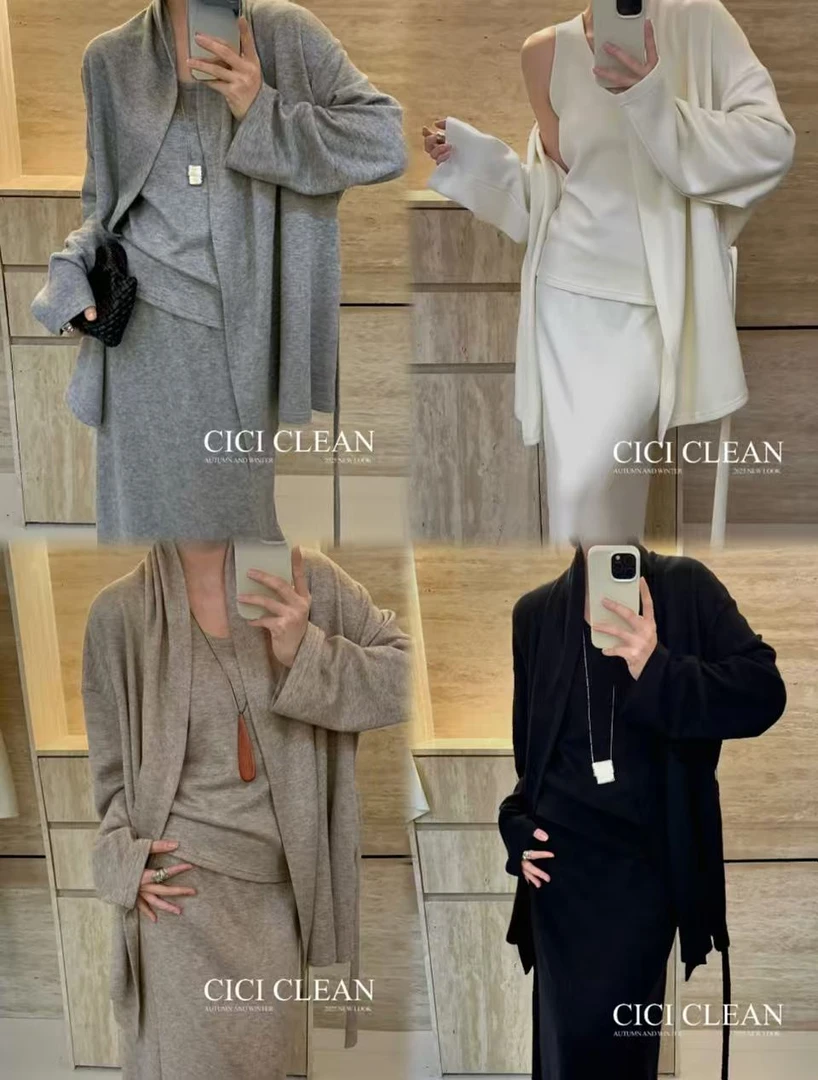 CiCi CLEAN羊毛极简优雅系带开衫+背心半身裙三件套 6177（福福）