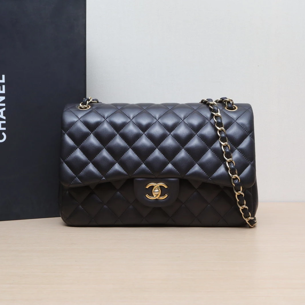 95新 Chanel/香奈儿 【黑黑】CF 口盖包 JUMBO 黑色 15开 金扣