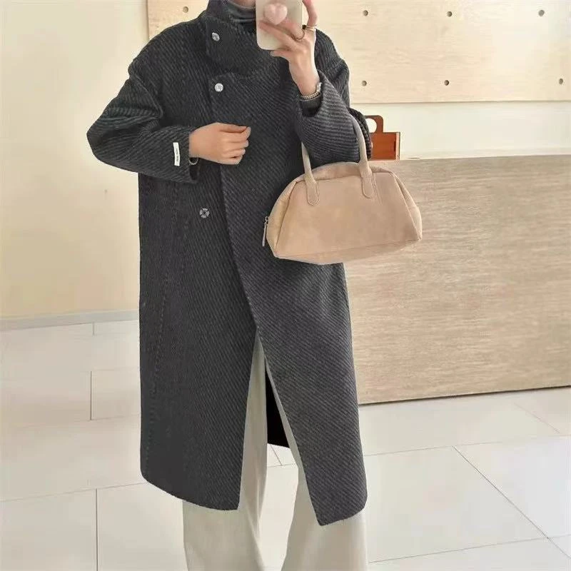 【薇哥内部自营】立领斜纹双面羊毛大衣长款9803