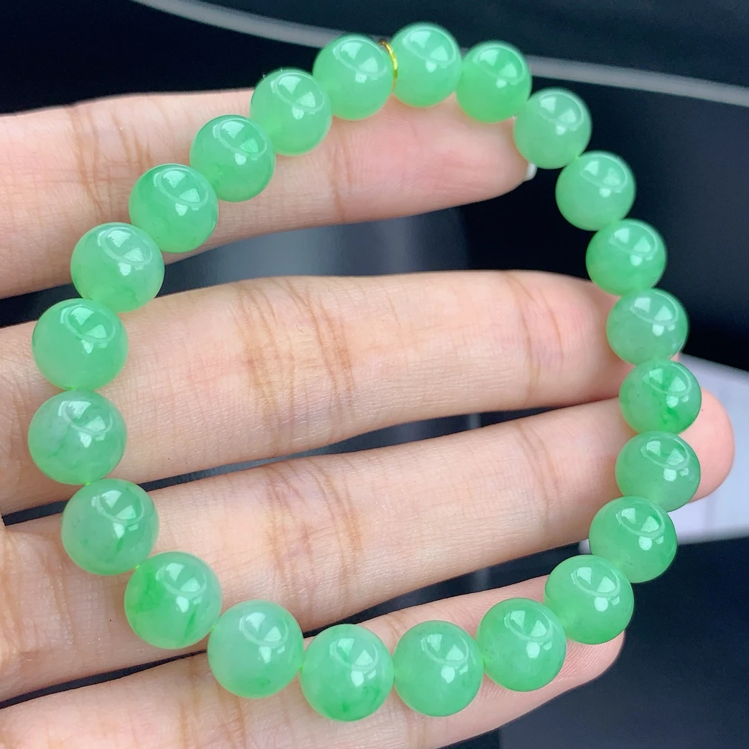 缅甸A货翡翠绿色圆珠手链手串单圈qq1T17卡8mm