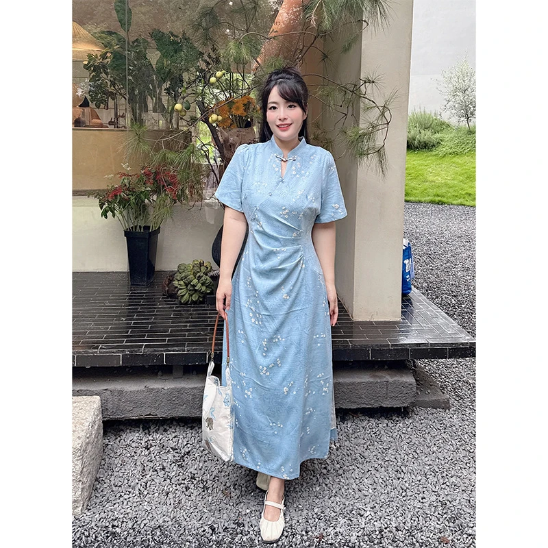 大码新中式国风提花改良连衣裙2025夏季新款日常收腰显瘦大码旗袍