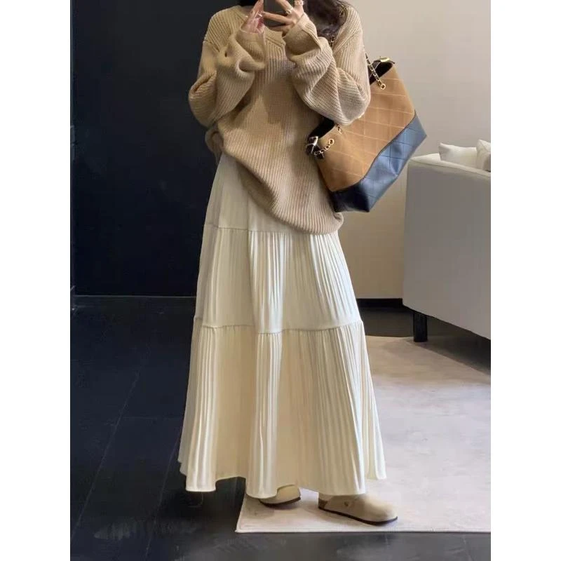 早秋新款风情褶温柔气质风半身长裙H8480