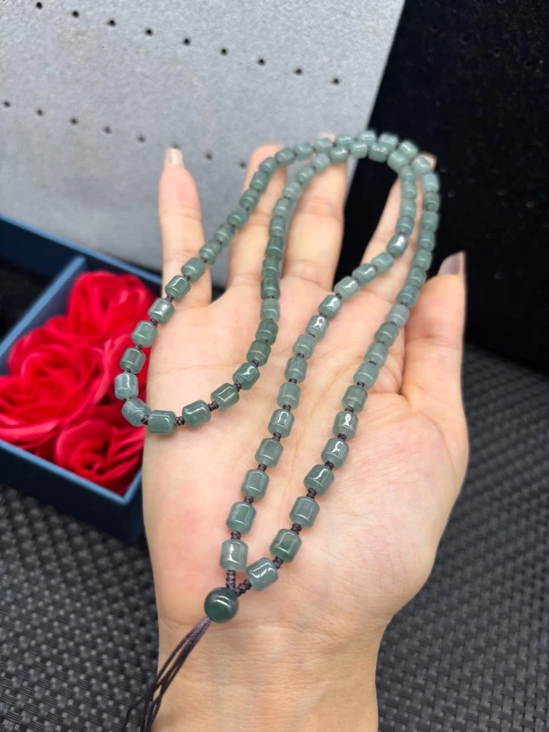 宠粉款天然A货翡翠蓝水桶珠6mm玉石吊坠绳项链毛衣链珠链时尚百搭