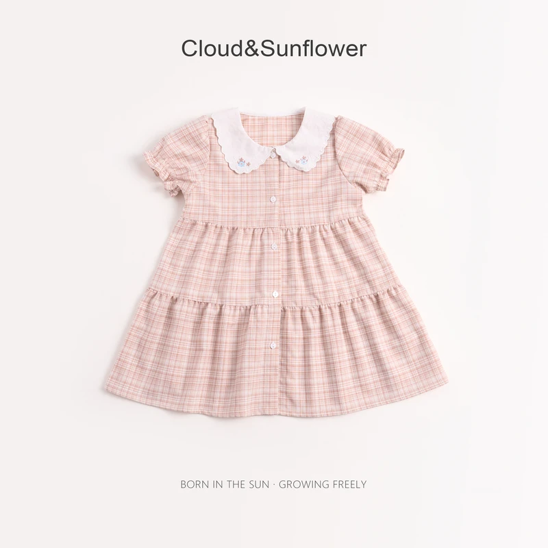 女童夏季翻领刺绣五粒扣格子休闲连衣裙660870